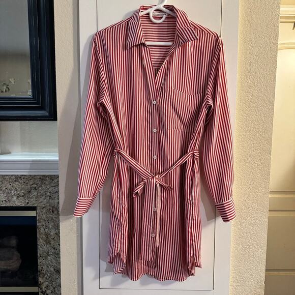 Reformation Jeans Tencel Modal Striped Red White Belted Shirt Mini Dress Medium - Picture 4 of 8